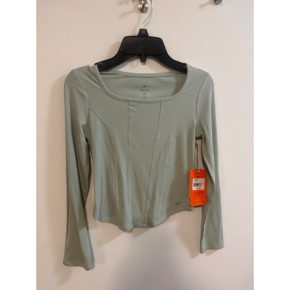 Freely girls Ribbed Long Sleeve Corset Seam Top Sage Green Medium